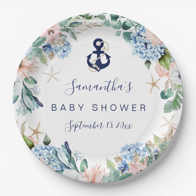 Anchor Blue Beach Nautical Floral Baby Dusche Pappteller (Vorderseite)