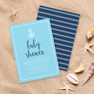 Anchor Blue Script Baby Dusche Einladung