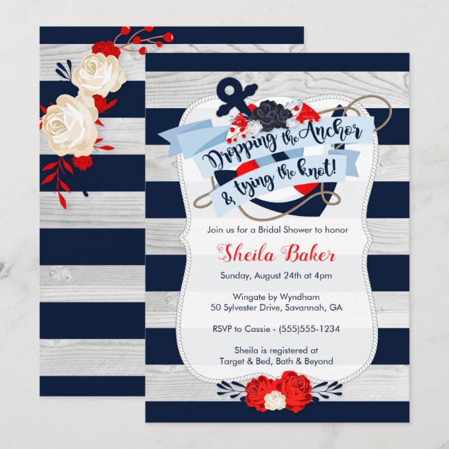 Anchor Bridal Showeinladung - Nautische Marine Einladung (Vorne/Hinten)