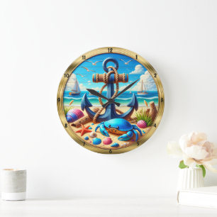 Anchor Crab Beach nautical Große Wanduhr