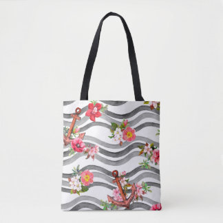 Anchor, flowers and sea waves. Seamless pattern wi Tasche