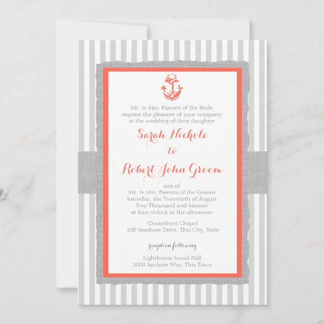 Anchor Gray Stripes Coral Wedding Einladung (Vorderseite)