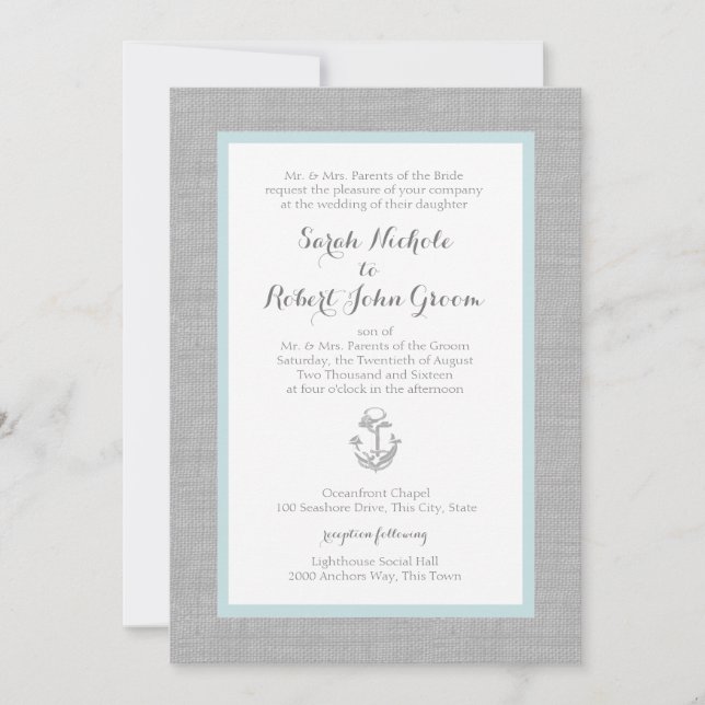 Anchor Grey Burlap Beach Wedding Einladung (Vorderseite)
