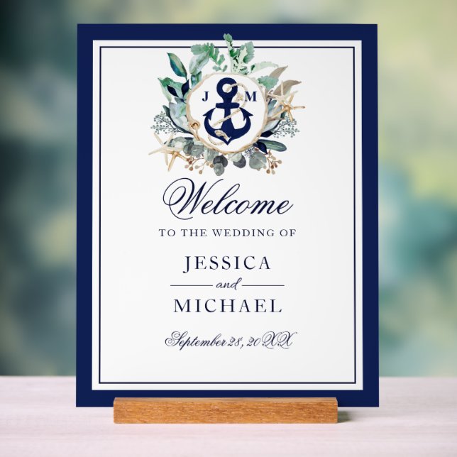Anchor Monogram Greenery Wreath Wedding Willkommen Acrylschild (Neutral)