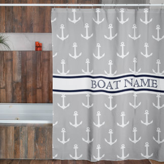 Anchor Muster Gray Blue Nautical Bootname Duschvorhang