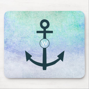 Anchor Nautical Beach Aquamarin Monogram Aqua Mousepad
