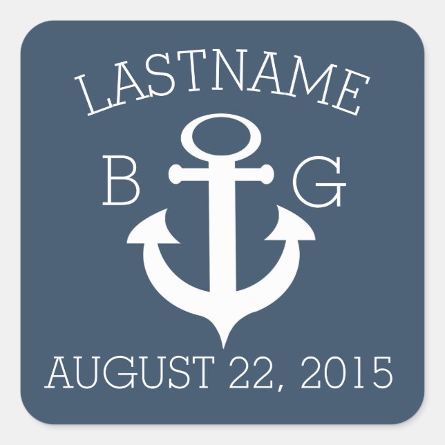 Anchor Nautical Blue Monogram Quadratischer Aufkleber (Vorderseite)