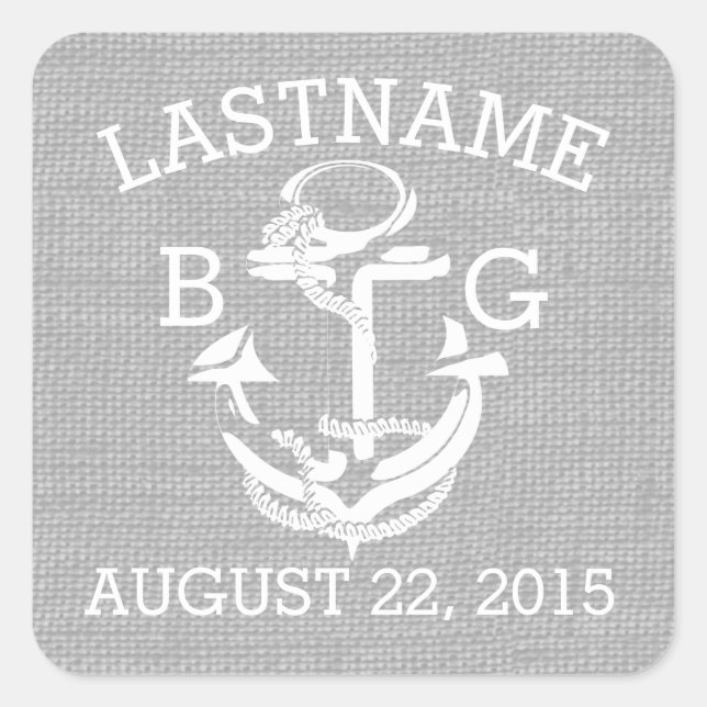 Anchor Nautical Gray Monogram Quadratischer Aufkleber (Vorderseite)