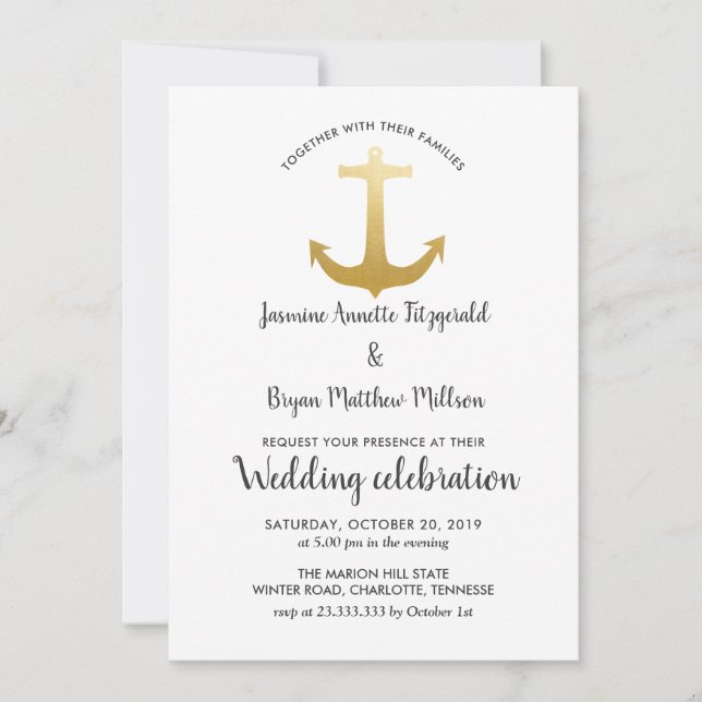 Anchor Nautical Imitats Goldfolie| Hochzeit im Oze Einladung (Vorderseite)