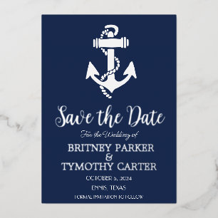 Anchor Nautical Navy Blue Modern QR Code Hochzeit Folieneinladung