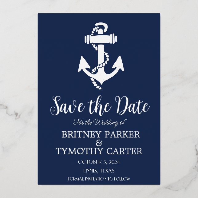 Anchor Nautical Navy Blue Modern QR Code Hochzeit Folieneinladung (Vorderseite)