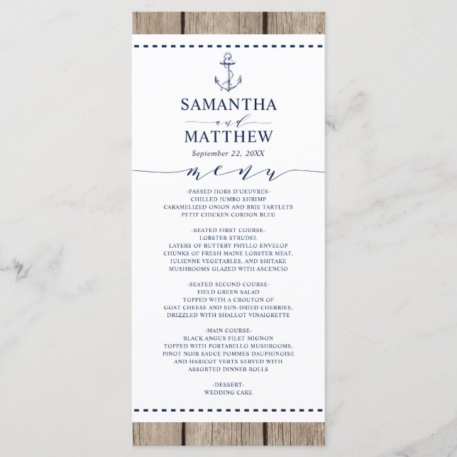 Anchor Nautical Navy Rustic Wood Wedding Menü Menükarte (Vorderseite)