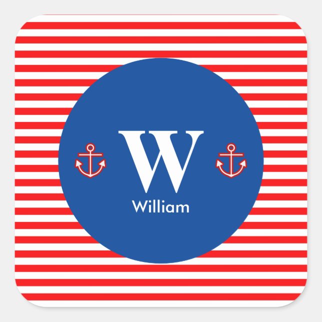 Anchor Nautical Navy White Stripes Muster Quadratischer Aufkleber (Vorderseite)