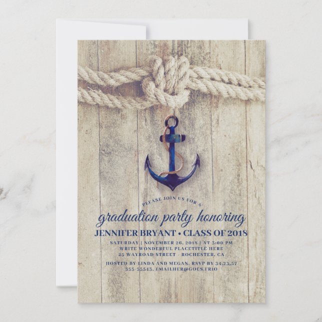 Anchor Navy Blue Nautical Graduation Party Einladung (Vorderseite)
