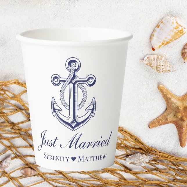 Anchor Navy Blue Nautical Just Married Wedding Pappbecher (Von Creator hochgeladen)