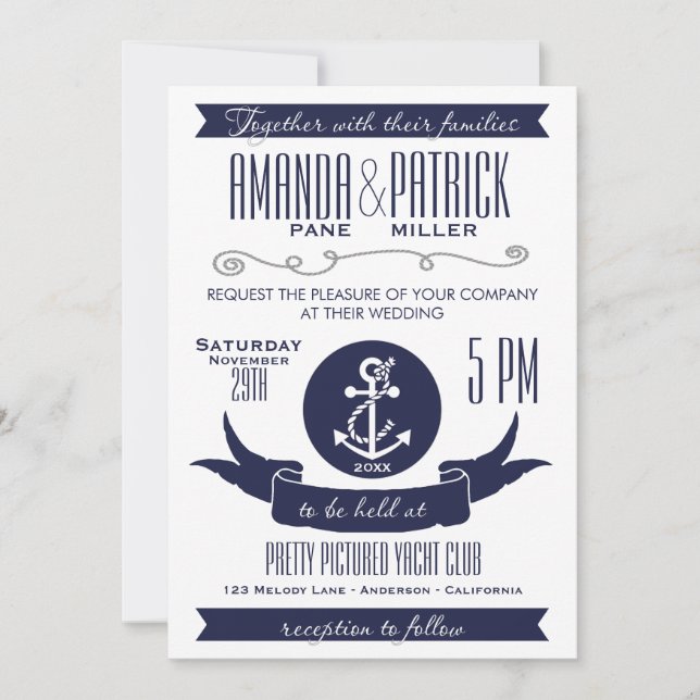 Anchor Navy Blue Nautical Wedding Einladungen (Vorderseite)