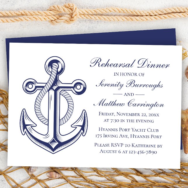 Anchor Navy Blue Nautical Wedding Probe Dinner Einladung (Von Creator hochgeladen)
