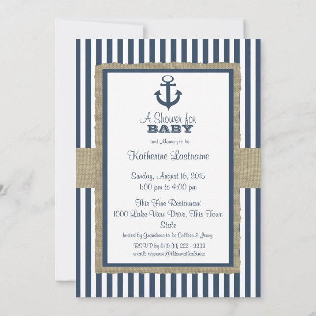 Anchor Navy Blue Stripes Baby Dusche Einladung (Rückseite)