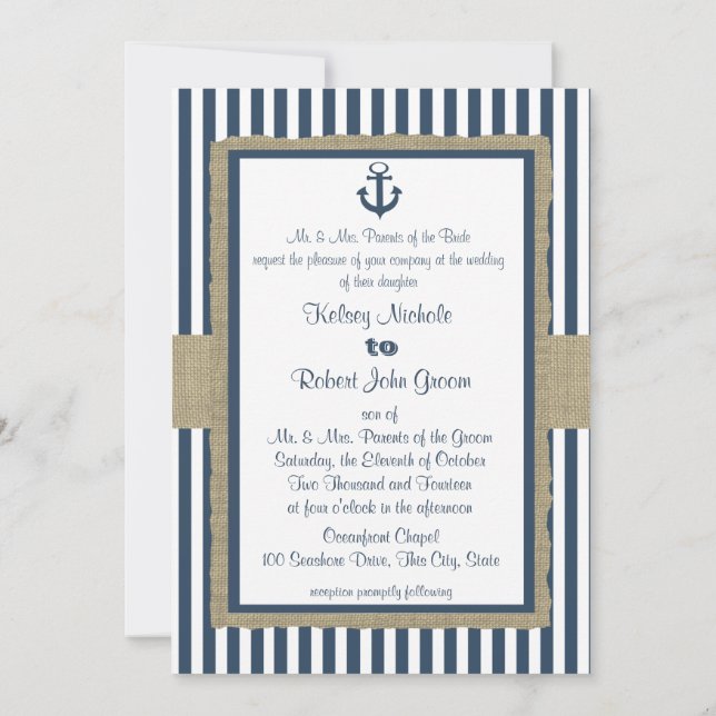 Anchor Navy Blue Stripes Beach Hochzeit Einladung (Rückseite)