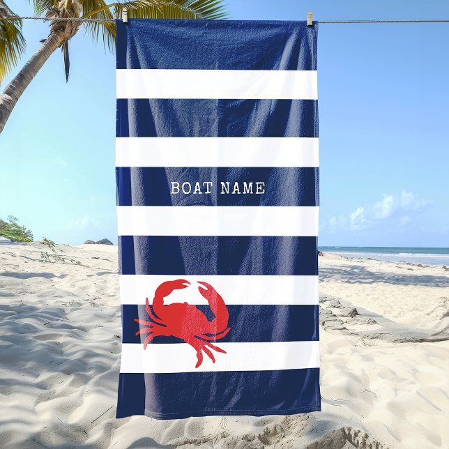 Anchor Navy Blue Stripes Red Crab Name Strandtuch (Anchor Navy Blue Stripes Red Crab Boat Name Beach Towel)