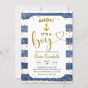 Anchor Navy Blue und Gold Streifen Es ist ein Jung Einladung
