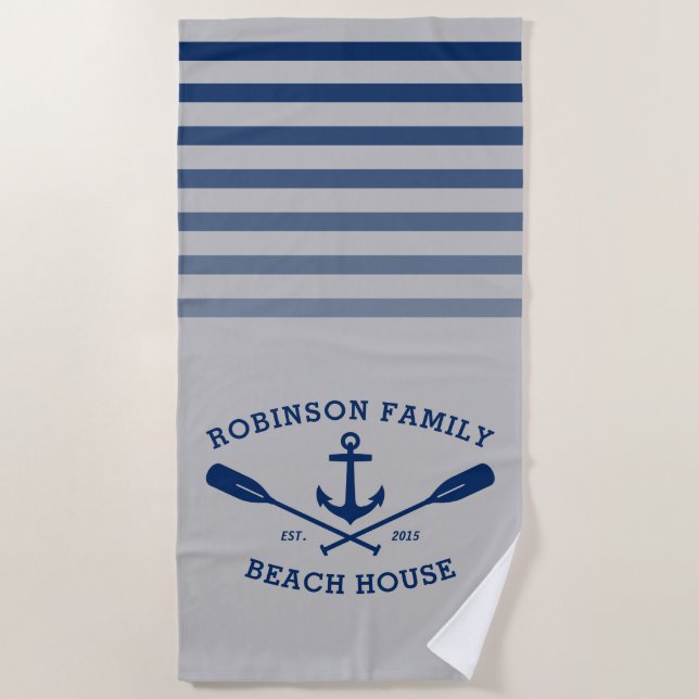 Anchor Oars Familienname Beach House Grau & Blau Strandtuch (Vorderseite)