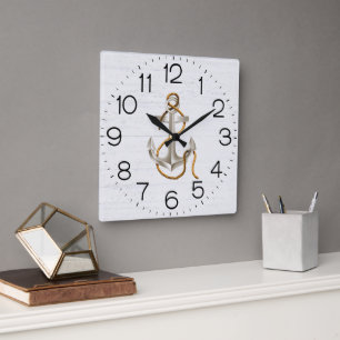 Anchor On Whitewashed Wood Square Wall Clock Quadratische Wanduhr
