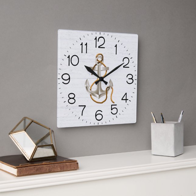Anchor On Whitewashed Wood Square Wall Clock Quadratische Wanduhr (Büro)