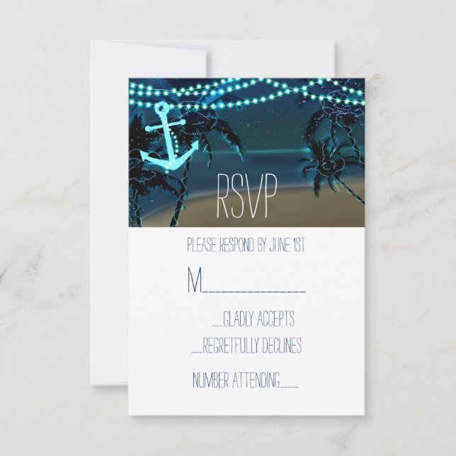 Anchor & Palm Trees Beach Night Wedding RSVP Card Karte (Vorderseite)