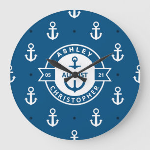 Anchor patterns blue nautical wedding Large Clock Große Wanduhr