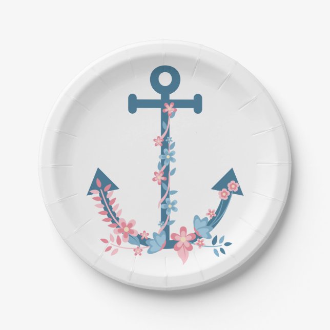 Anchor Pink Blue Floral Nautic Brautparty  Pappteller (Vorderseite)