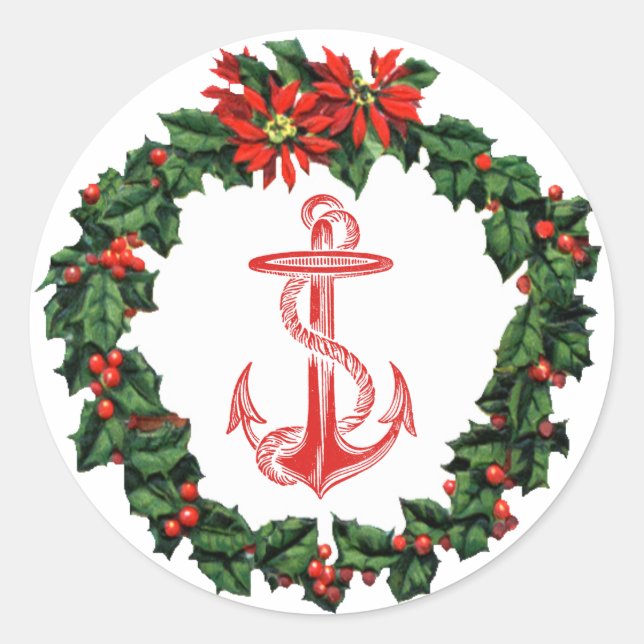 Anchor Red Wreath Weihnachtsaufkleber Runder Aufkleber (Vorderseite)