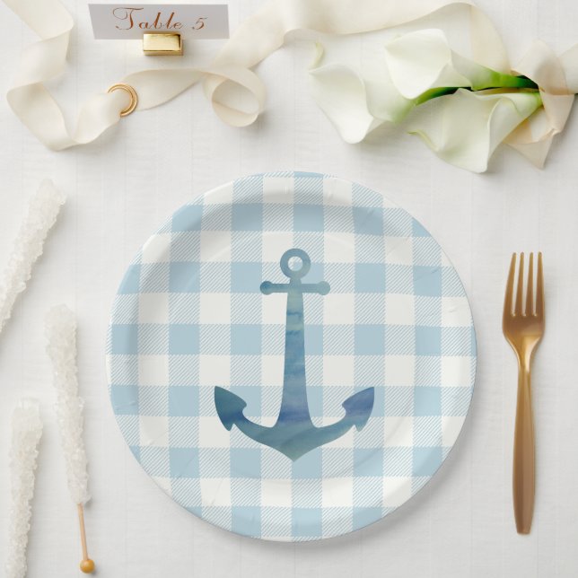 Anchor Sailboat Nautical Blue Gingham Karo Pappteller (Hochzeit)
