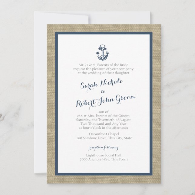 Anchor und Burlap Navy Blue Rustic Wedding Einladung (Vorderseite)