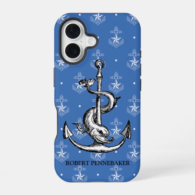 Anchor und Delphin Nautical Theme iPhone 16 Hülle (Rückseite)