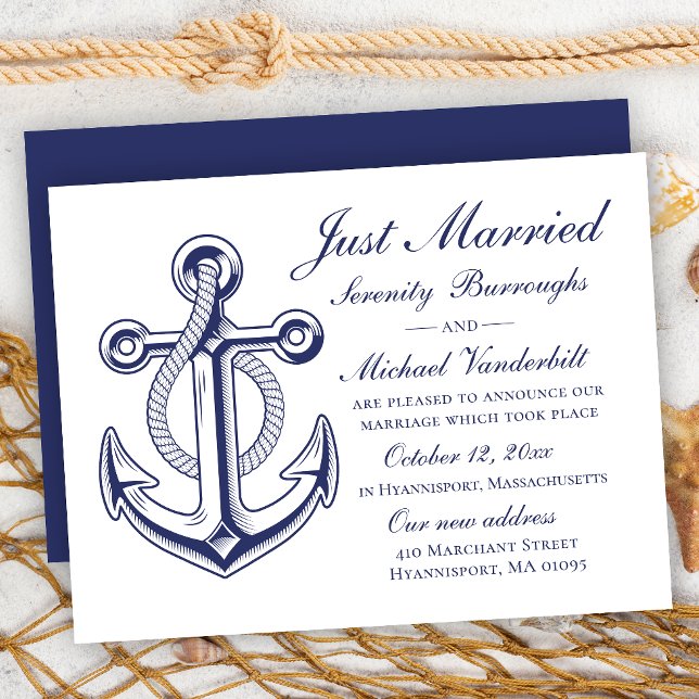 Anchor Wedding Navy Blue Nautical Just Married Einladung (Von Creator hochgeladen)