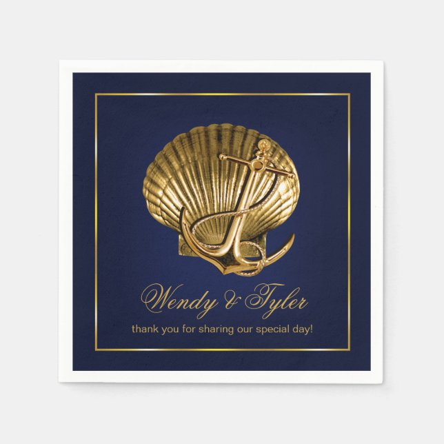 Anchored Seashell Nautic Cocktail Party | dunkelbl Serviette (Vorderseite)