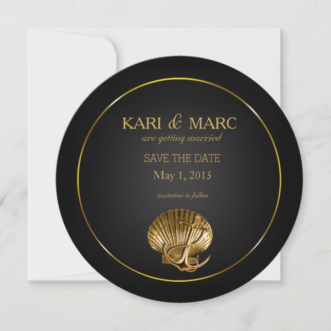 Anchored Seashell Save the Date | Schwarz und Gold Einladung (Vorderseite)