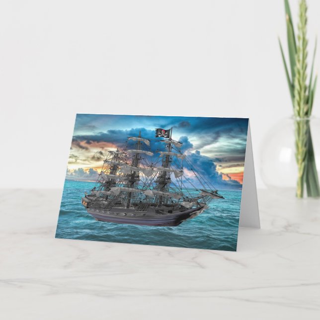 ANCHORIERTES PIRATSCHIFF AM SONNENSATZ KARTE (Vorderseite)