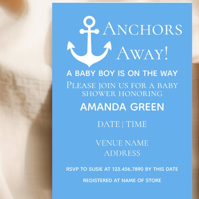 Anchors Away Baby Boy Nautical Blue Baby Dusche Einladung (Von Creator hochgeladen)
