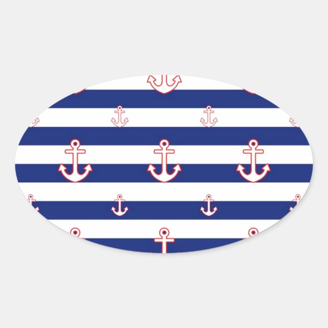 Anchors on Stripes Nautical Decor Ovaler Aufkleber (Vorderseite)