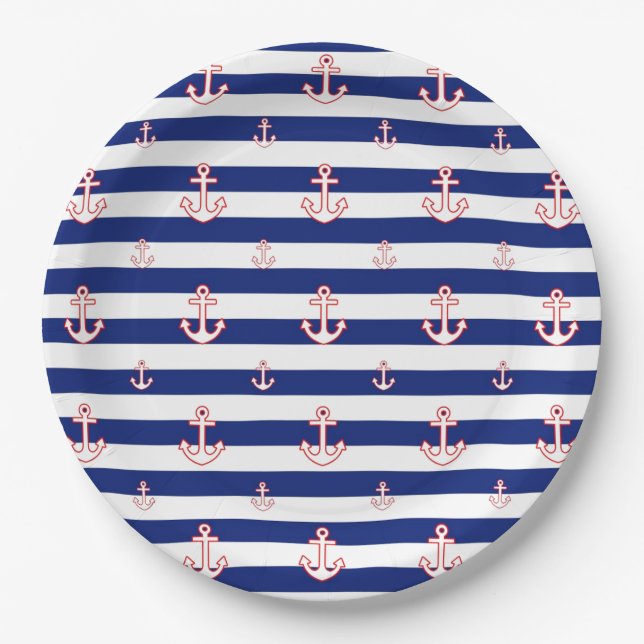 Anchors on Stripes Nautical Decor Pappteller (Vorderseite)
