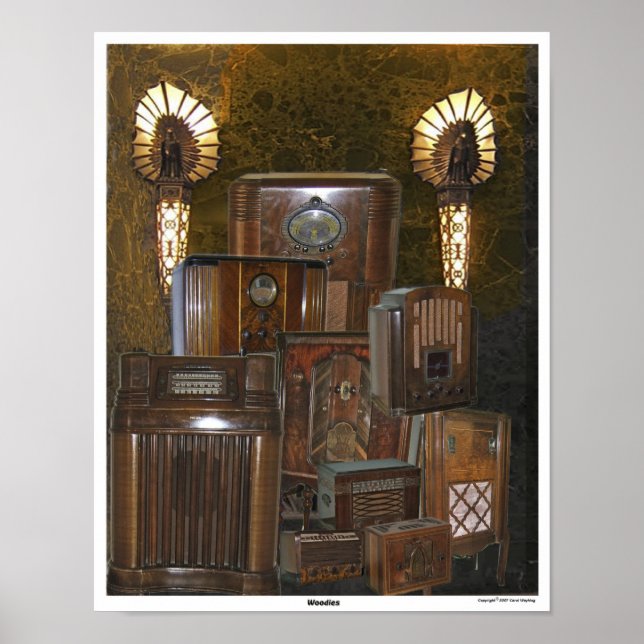 Ancien / Antique Poster de radio en bois Collage (Devant)