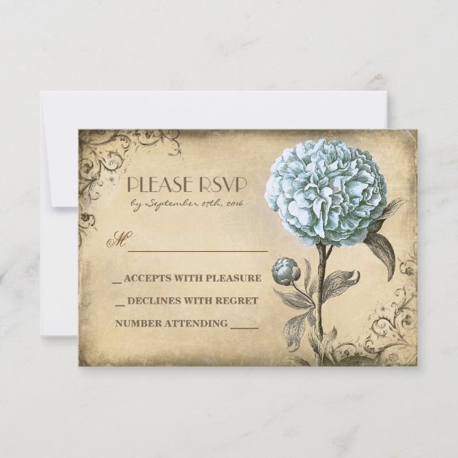 ancienne carte RSVP mariage avec fleur de pivoine  (Devant)