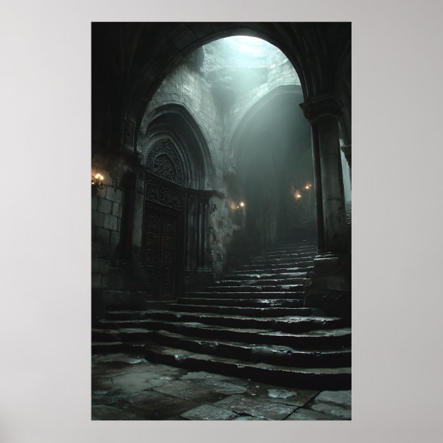 Ancient Cathedral Stairway Mist Light Poster (Vorne)