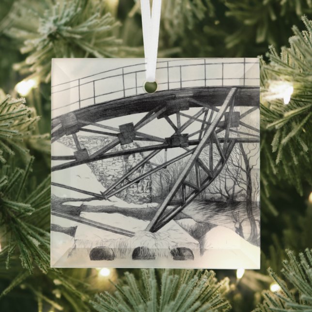 Ancient Footbridge pencilart Monochrome Ornament Aus Glas (Insitu)