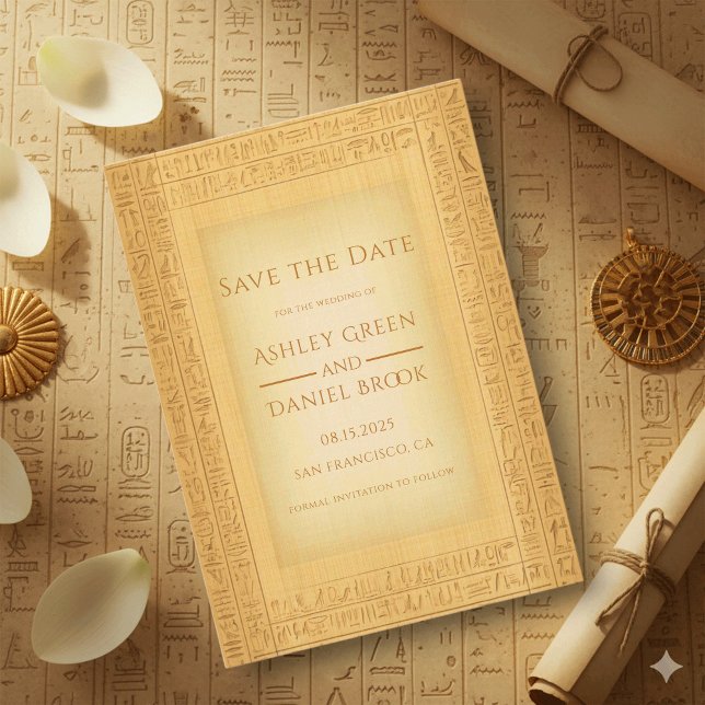 Ancient Gold Hieroglyphic Motifs Egyptian Wedding Save The Date (Von Creator hochgeladen)