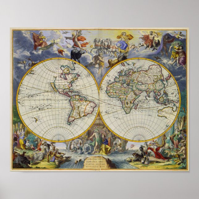 Ancient Map of the World in Two Hemispheres 1683 Poster (Vorne)