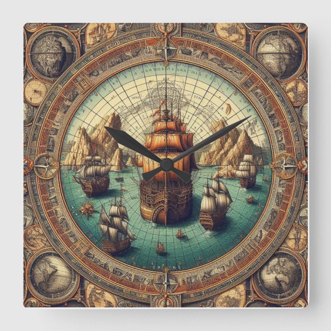 Ancient Spanish Sailing Ship, Karte 3 Quadratische Wanduhr (Vorderseite)