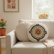 Ancient Sun Face Aztec Calendar Art Round Pillow